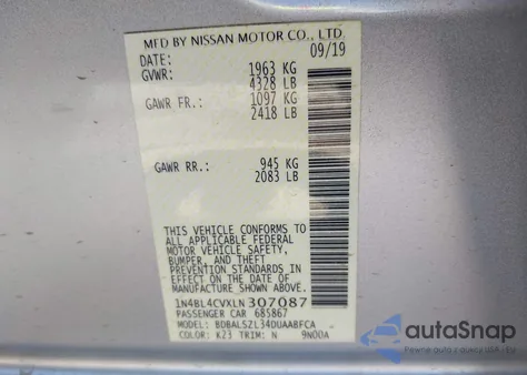 2020 Nissan Altima Sr Fwd из США, поврежденный, VIN 1N4BL4CVXLN307087